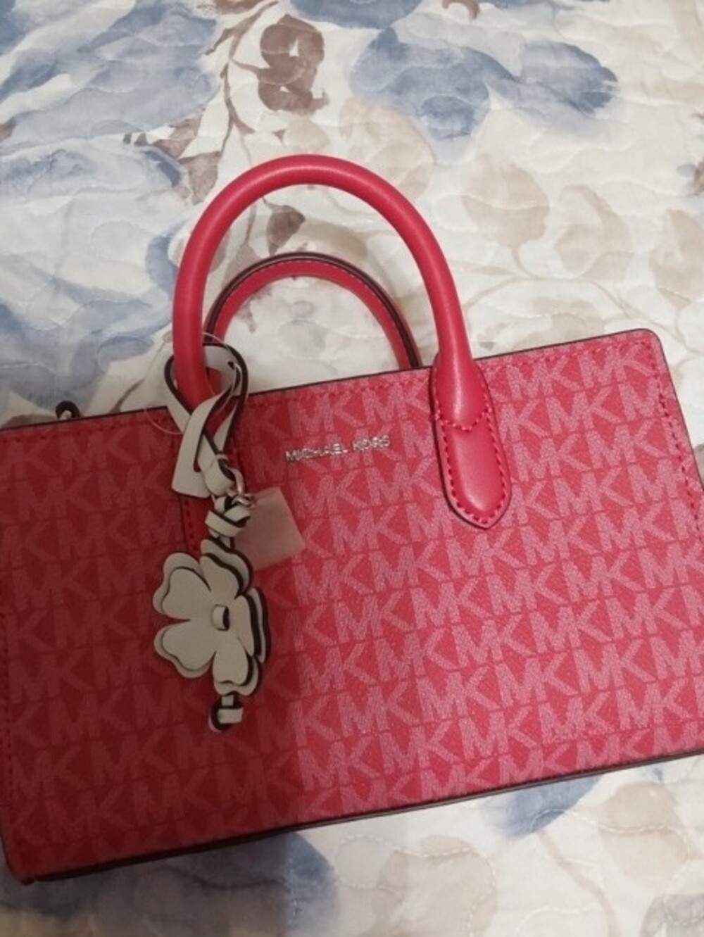 NWT Michael Kors Pink Signature MK Logo Satchel with Flower Charm - Picture 7 of 10